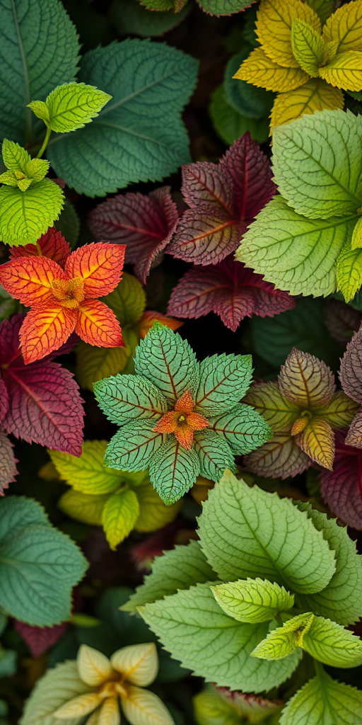 Create a high-resolution image of various leafy plants with intricate details and vibrant colors, using a Canon EOS R5 camera, f/8 aperture, 50mm lens, ISO 100, in natural light, top-down view, and a shallow depth of field to emphasize the texture and patterns of the leaves.