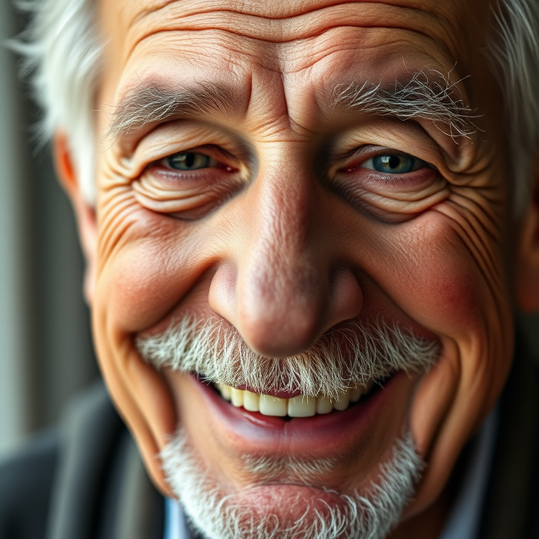 portrait of an elderly man with a warm smile, soft lighting, shallow depth of field, 50mm lens, f/1.8, ISO 200, natural light, DSLR camera, close-up view