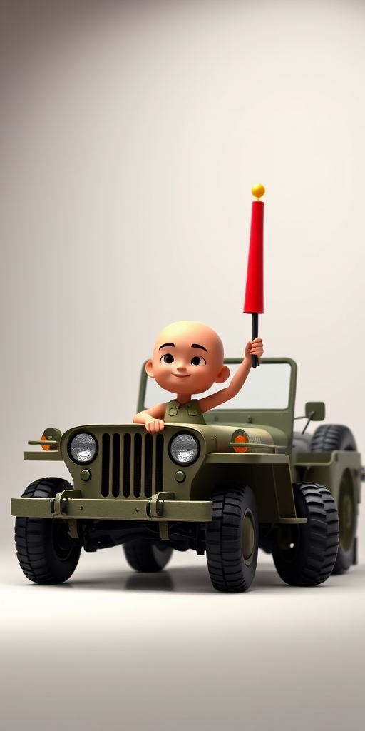 Create a 3D illustration of a cartoonish humanoid figure holding a red flag beside a vintage military-style jeep, using a 50mm lens, f/2.8 aperture, ISO 100, with a shallow depth of field for a clean background, in a well-lit studio setting for enhanced details and vibrant colors.
