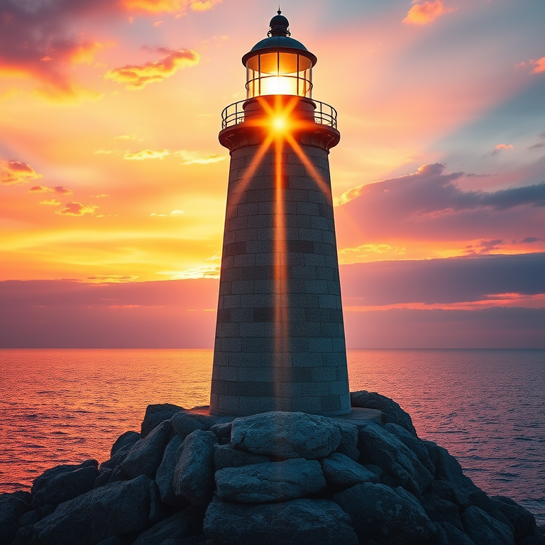 Generate an image of a tall lighthouse perched on a rocky outcrop surrounded by calm ocean waters during a breathtaking sunset. The lighthouse stands sturdy and weathered, its stone surface illuminated by the warm golden light of the setting sun. The sun's rays pass directly through the glass lantern room at the top of the lighthouse, casting a brilliant light across the scene. The sky is painted with vibrant shades of orange, pink, and purple, reflecting off the tranquil sea. The surrounding water shimmers with the same warm hues, creating a serene and majestic atmosphere.