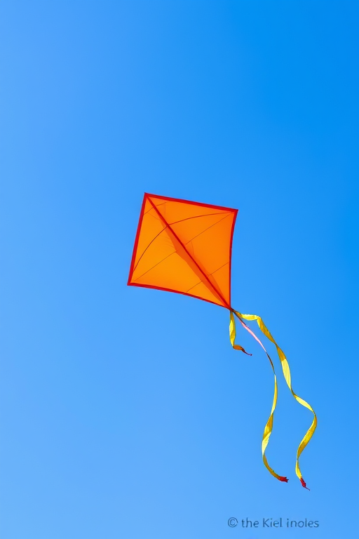 Create a vibrant illustration of a kite with an orange diamond shape and yellow tails flying against a clear blue sky, using a DSLR camera with a 50mm lens, aperture set to f/2.8, ISO 100, and a shutter speed of 1/1000 seconds for clarity and detail.
