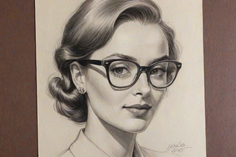 Wonderful Jordana Spiro, pencil sketch, portrait of Graceful woman 1949s in glasses, hair style beatnik, outline, clear lines, fine lines, 8k