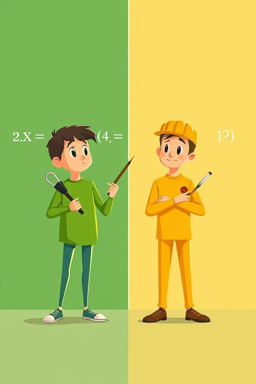 Create a digital illustration of two characters in a split scene, one character holds a pointer and stands next to a mathematical equation, while the other character gestures thoughtfully, using a color palette of greens and yellows; camera settings: ISO 100, f/8, 50mm lens, shot from a straight on view with a soft focus background; style: minimalistic and modern.