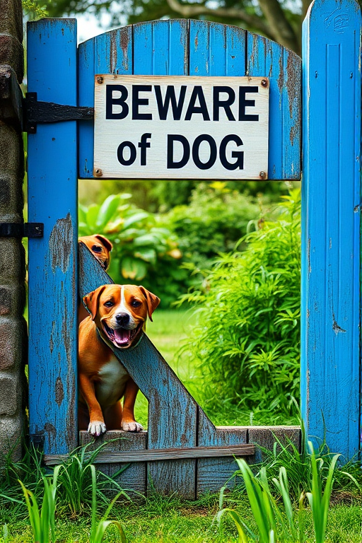Regenerate the image of a rustic blue wooden gate with the sign "Beware of Dog," showing two dogs, one peeking through the gate, surrounded by lush green grass and foliage, captured with a DSLR camera, 50mm lens, aperture f/2.8, ISO 100, in natural lighting, shot from a low angle to emphasize the dogs and gate.