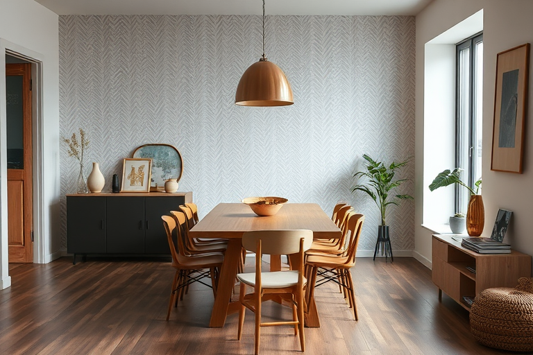 Interior scene featuring a modern dining area with a wooden table, assorted chairs, a patterned wall, and decorative items, shot with a DSLR camera at f/2.8 aperture, ISO 100, 24mm lens, in natural light for an elevated aesthetic quality.