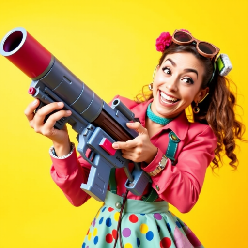 A playful woman holds a bazooka with a mischievous grin, her pose exaggerated and cartoonish. She’s dressed in a colorful, quirky outfit with oversized accessories, giving her a whimsical and fun appearance. The bazooka, although large, is designed in a cute, almost toy-like style, adding to the humorous and lighthearted vibe of the scene. The background is bright and cheerful, enhancing the overall playful atmosphere.
We share ALL our prompts in the Bing Image Prompts group: