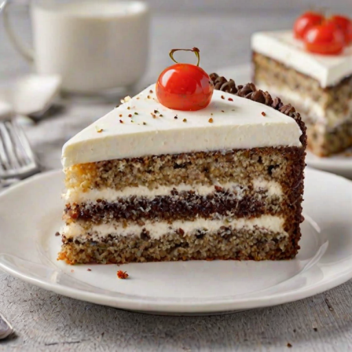 Generate an image of a slice of layered cake on a white plate. The cake should have a light, fluffy texture and be topped with a generous layer of white frosting. There should be poppy seeds sprinkled on the frosting. A fork should be resting on the plate next to the slice, and the background should be simple and neutral to highlight the cake.