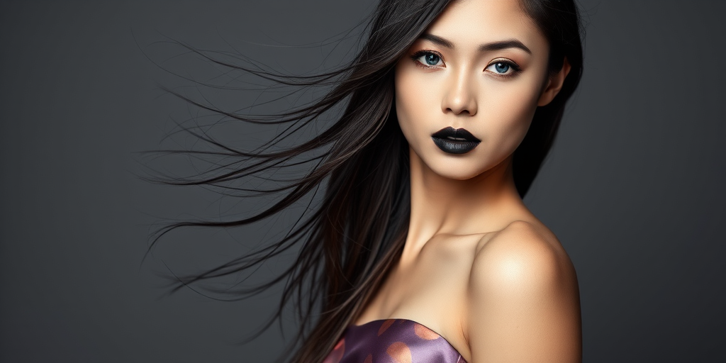 Photographic image of a beautiful young Asian woman, blue eyes, lips with black lipstick, long hair fluttering in the wind and wearing a silk strapless dress with a soft purple and orange print. monochrome image with only color highlights in the iris of the eyes, lipstick and dress. Gray background.