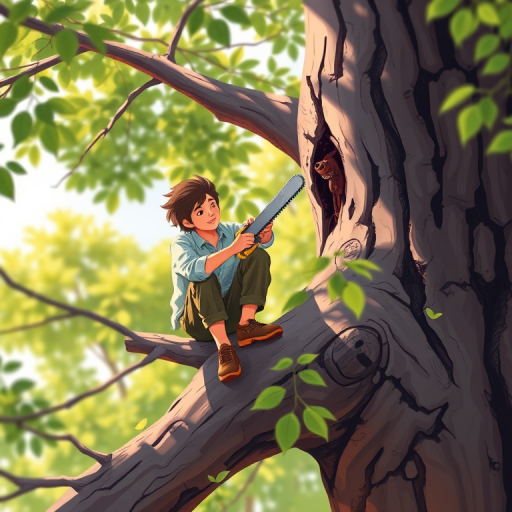 Create an illustration of a person sitting on a tree branch, sawing it with a handsaw, surrounded by green leaves and a detailed tree trunk, using a bright color palette, with a soft focus effect, in a digital painting style, captured with a Canon EOS 5D Mark IV, f/5.6, ISO 200, 50mm lens.