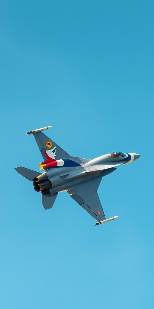 F-16 fighter jet in flight with a colorful tail design against a clear blue sky, shot with a Canon EOS R5, 1/800s shutter speed, f/8 aperture, ISO 100, wide-angle view, high dynamic range photography.