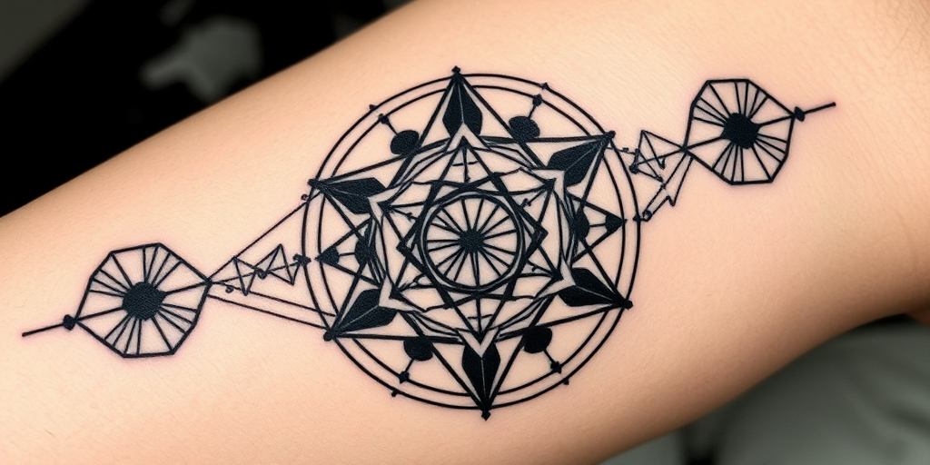 Geometric blackwork tattoo named "Sacred Geometry" featuring precise line work and solid black shapes forming complex patterns inspired by mathematical principles and spiritual symbolism