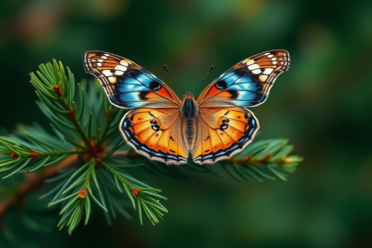 Generate an image of a butterfly perched on a green pine branch, surrounded by a soft, blurred background. The butterfly should have intricate patterns on its wings, showcasing shades of blue and orange. Emphasize the natural beauty of the scene with a focus on the delicate details of the butterfly and the lushness of the pine needles.