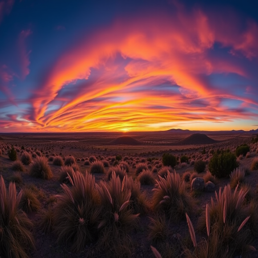 Create a high-resolution image of a serene landscape at sunset with vibrant colors in the sky, using a DSLR camera at f/8, ISO 100, 1/60 second exposure, wide-angle lens, in a panoramic view.