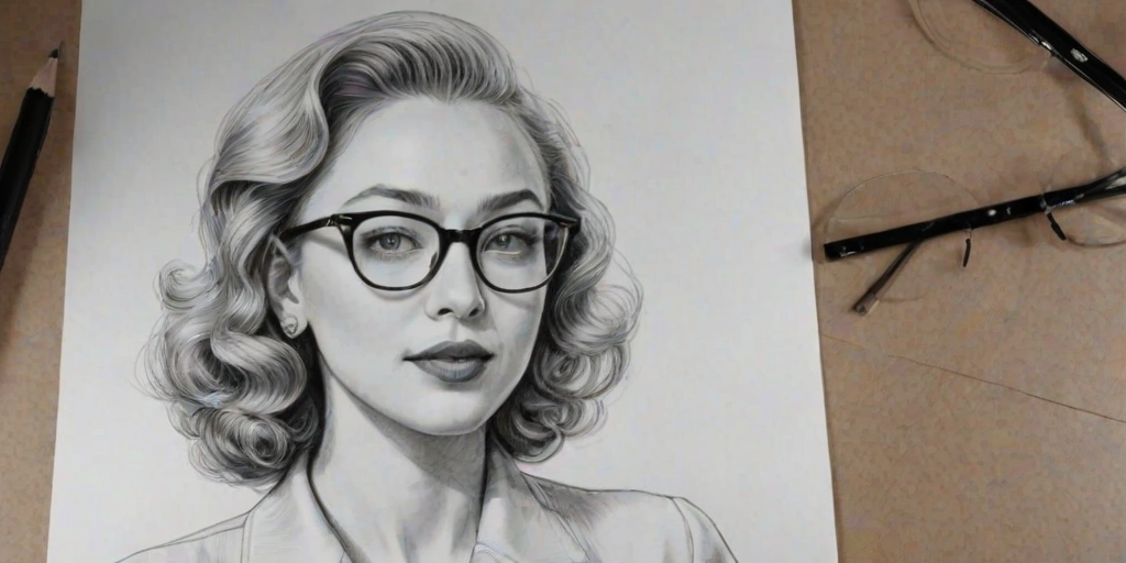 Beauteous Sarah Gadon, pencil sketch, portrait of Charming woman 1948s in glasses, hair style beatnik, outline, clear lines, fine lines, 8k