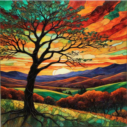 A vibrant abstract painting on Tiffany Glass, blending acrylic and alcohol ink techniques, captures a dramatic sunset over rolling hills. The artwork features a textured, rocky foreground in green and brown, layered abstract hills, and a striking sunset in rich oranges, yellows, and reds. A solitary black tree with intricate branches contrasts against the fiery sky, creating a dynamic and expressive portrayal of a breathtaking natural scene.