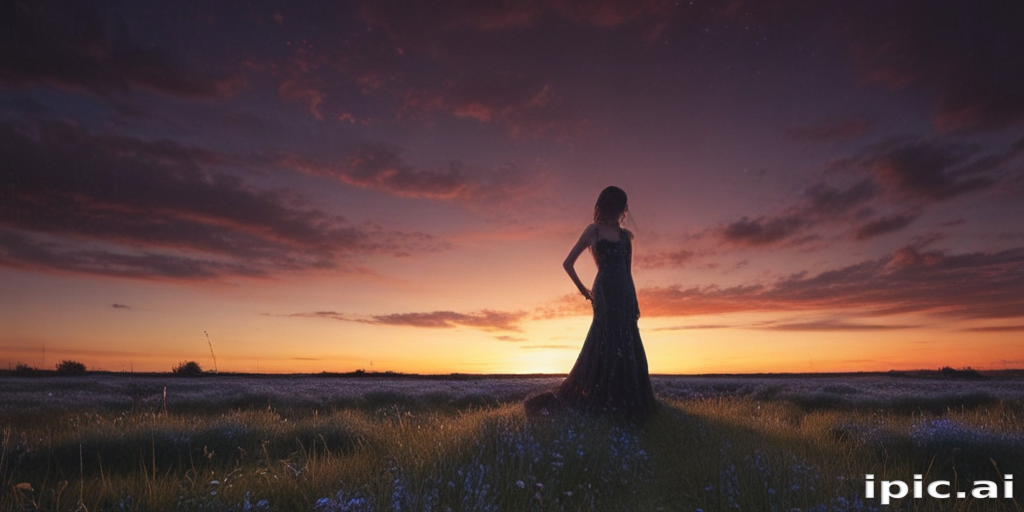 Silhouette of a Woman in a Dress Against a Beautiful Sunset Sky