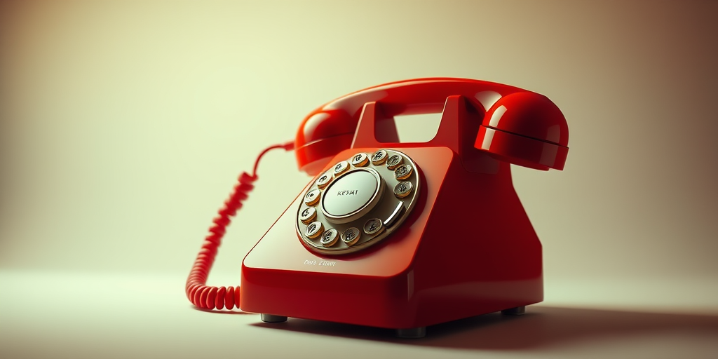Create a high-resolution illustration of a vintage red rotary telephone, 45-degree angle view, soft ambient lighting, ISO 100, f/4 aperture, 24mm lens, with a smooth gradient background for enhanced contrast.