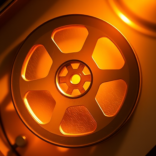 High-quality vintage film reel with golden hues and dynamic lighting, captured with a Canon EOS R5, 50mm lens, f/2.8, ISO 100, 1/200s, soft focus background, cinematic style, top-down view.