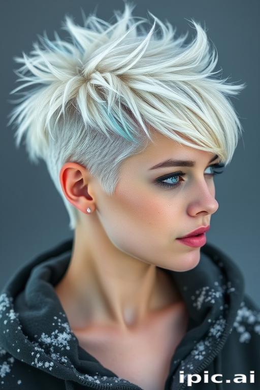 Frosty platinum blonde pixie cut with icy blue tips, Arctic's hair embodies the essence of winter, featuring spiky texture and a swept-back style that resembles windswept snow