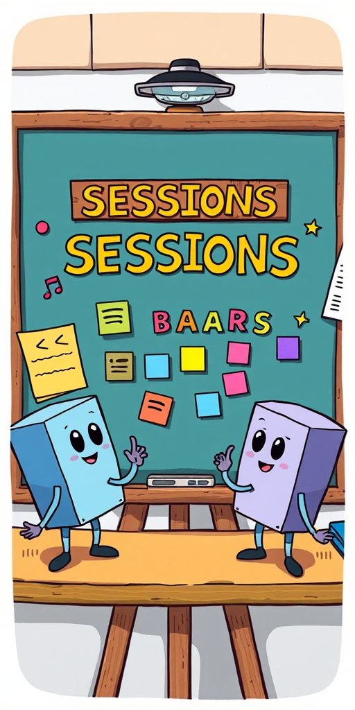 Create a detailed illustration of a board titled "SESSIONS" with playful, animated square character devices engaging around it, multicolored notes being exchanged, use a 50mm lens, f/8 aperture, ISO 100, 1/125s shutter speed, in vibrant colors with a clear, sharp focus.