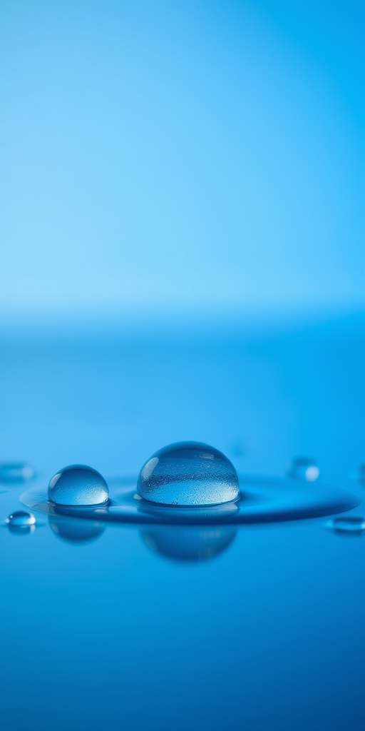 Create an image of blue water droplets on a smooth surface with a gradient background, using a macro lens for close-up detail, aperture set to f/2.8 for shallow depth of field, ISO 100 for clarity, and soft lighting to enhance reflections.