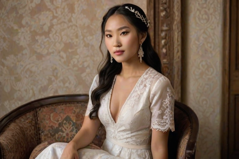 Create a portrait of a refined and elegant Tibetan woman seated in a sophisticated setting. She has long, wavy hair styled in two thick braids that are pulled over her shoulders. She wears a white, lace gown with intricate patterns, featuring a deep V-neckline and short sleeves. The dress exudes a vintage charm with its delicate lacework. She is adorned with ornate, dangling earrings that add a touch of glamour to her appearance. The background is softly lit, with warm, ambient lighting that creates a cozy and inviting atmosphere. Her expression is poised and serene, capturing a sense of grace and elegance.