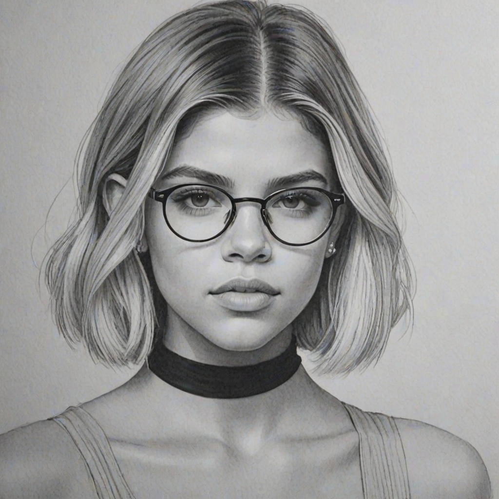 Ravishing Sofia Richie, pencil sketch, portrait of Splendid woman 1923s in glasses, hair style beatnik, outline, clear lines, fine lines, 8k