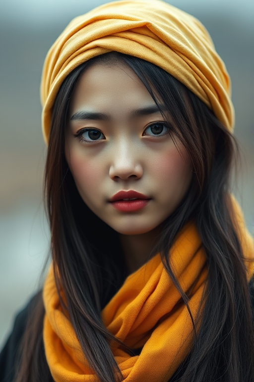 Create a portrait of a young Manchu woman with long, dark hair and captivating hazel eyes. She is wearing a Yellow headscarf and a matching scarf draped gracefully around her neck. The background is softly blurred, focusing attention on her serene and natural expression. The overall color palette is muted and warm, enhancing the intimate and authentic feel of the portrait.