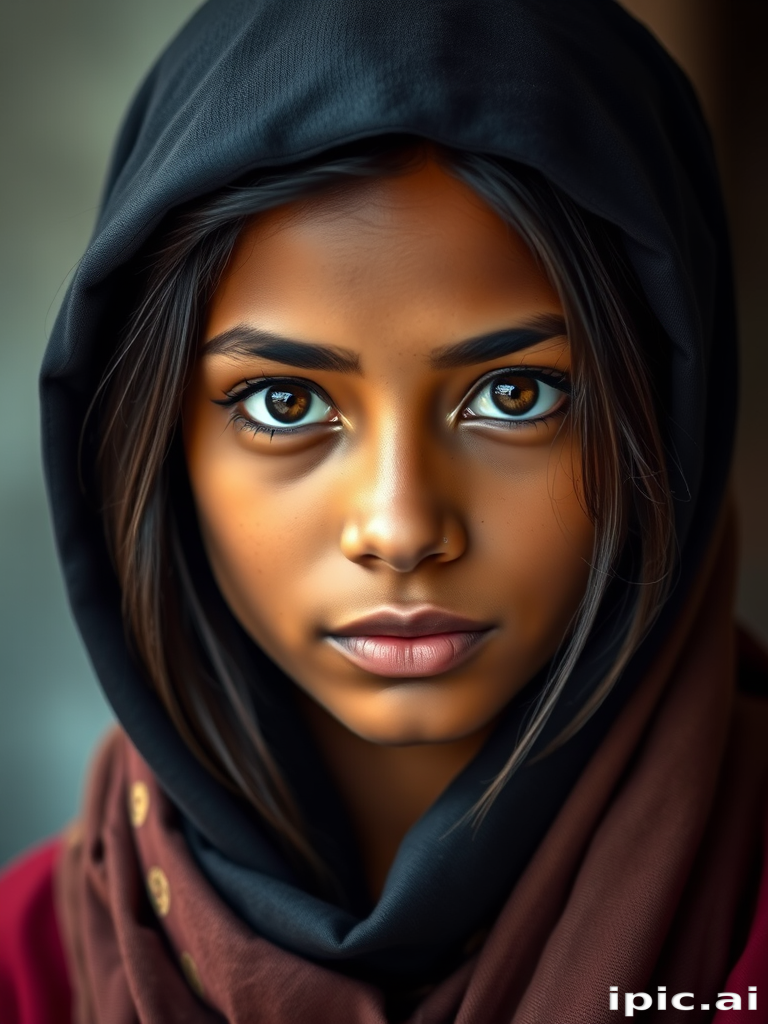 Create a portrait of a young Sri Lankan woman with long, dark hair and captivating hazel eyes. She is wearing a dark headscarf and a matching scarf draped gracefully around her neck. The background is softly blurred, focusing attention on her serene and natural expression. The overall color palette is muted and warm, enhancing the intimate and authentic feel of the portrait.