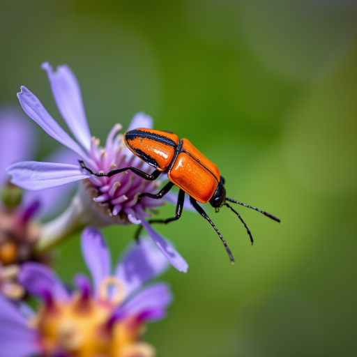 macro shot of an orange beetle on a purple flower, f/2.8 aperture, 100mm lens, natural light, shallow depth of field, shot with a DSLR camera