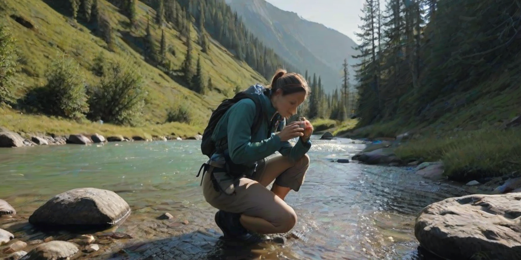 Misty mountain valley, with a clear stream running through the middle, a woman in hiking gear kneels by the water, her hands cupped as she drinks from the fresh, cool stream.