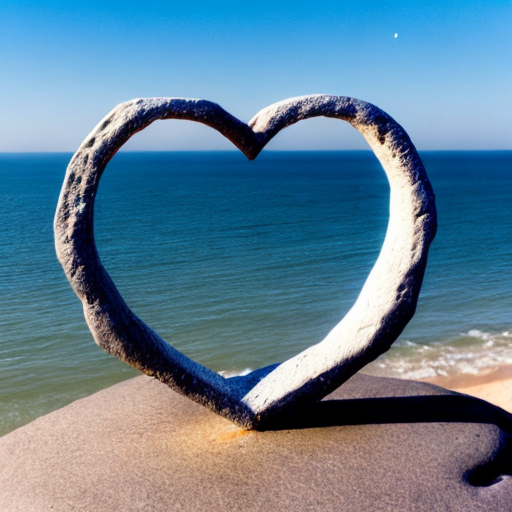 A moon over the ocean with a heart shaped rock in the middle
