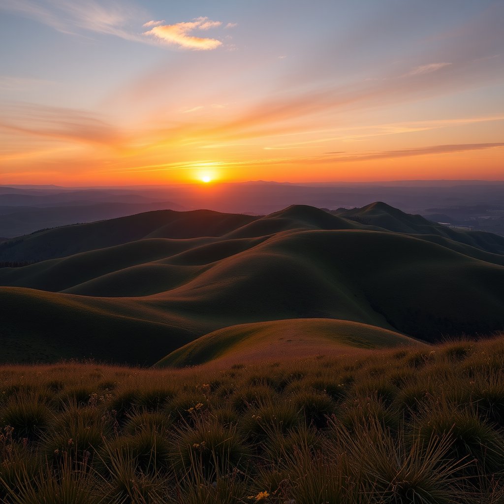 Create a high-resolution image of a serene landscape with rolling hills and a sunset, using a Canon EOS R5 with a 24-70mm f/2.8 lens at f/8, ISO 100, and a shutter speed of 1/250s, capturing a wide-angle view in vibrant colors and high detail.