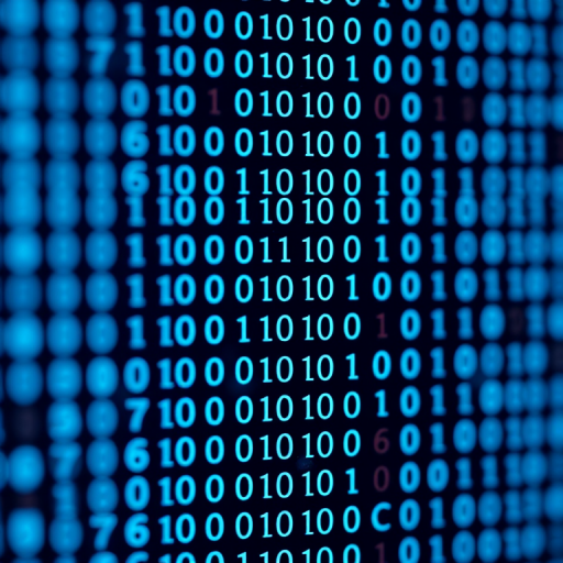 Generate an image of a digital binary code background with a focus on blue hues, using a Canon EOS R5, 50mm lens, f/1.8 aperture, ISO 200, capturing the scene in a macro view with a high dynamic range.