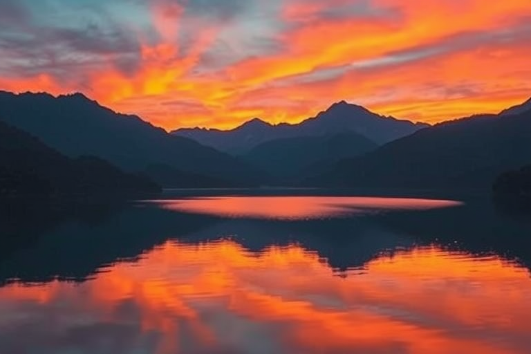 Create a detailed image of a serene landscape featuring a lake surrounded by mountains during sunset, with vibrant colors reflected in the water, captured using a Canon EOS R5, 24mm lens, aperture f/8, shutter speed 1/125 sec, ISO 100, in a wide-angle view to enhance depth and clarity.