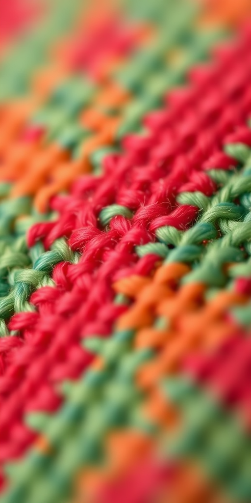 high-quality textile pattern featuring a diamond motif in shades of red, green, and orange, macro photography, f/2.8 aperture, ISO 100, 50mm lens, natural lighting, focused depth of field