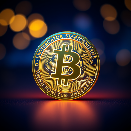 Generate a digital illustration of a glowing gold Bitcoin coin in the center with a deep blue gradient background, soft bokeh highlights in the background, shot with a Canon EOS 5D Mark IV, 50mm lens, aperture f/1.8, ISO 100, 1/200s shutter speed for enhanced detail and depth.
