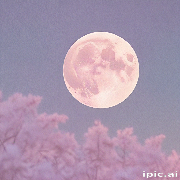 A Serene Evening with a Pink Moon Over Blossoming Cherry Trees.
