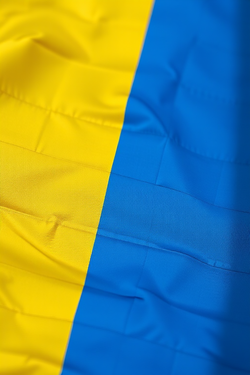Create a high-resolution close-up image of the Ukrainian flag with a textured finish, using a DSLR camera, aperture f/8, ISO 100, 50mm lens, natural lighting.