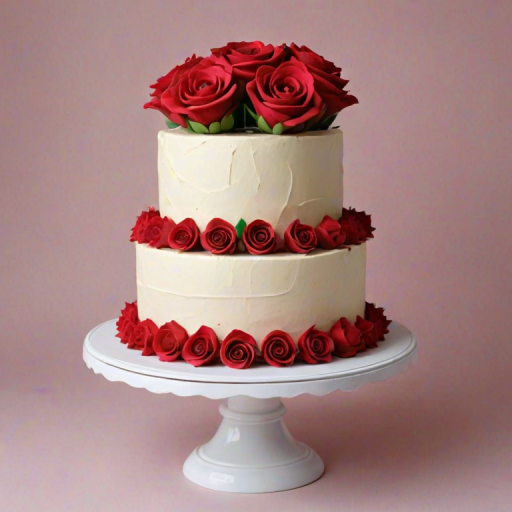 Generate an image of a two-tiered cake decorated with realistic buttercream roses in shades of red, pink, and burgundy. The cake should have green leaves interspersed among the flowers, all set on a simple white cake stand against a plain background.