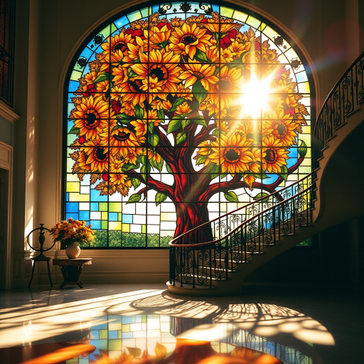 A stained glass window featuring a large, vibrant tree with blooming sunflowers as its focal point. The sunlight passes through the glass, casting multicolored shadows across the floor and a grand, curved staircase with ornate iron railings. The overall ambiance is warm, with golden sunlight enhancing the vivid colors of the stained glass, creating a serene and artistic atmosphere in a spacious room with polished marble floors. The scene is elegant and peaceful, with a blend of nature and architectural beauty.