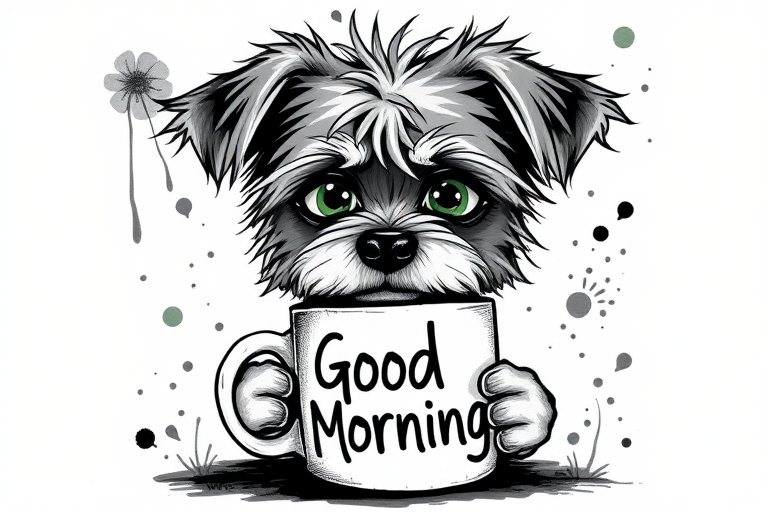 A quirky, artistic illustration of a disheveled peekapoo dog breed with exaggerated, large eyes and spiky fur, holding a coffee mug that reads "Good Morning". The dog has a tired but humorous expression, with ink splatters and abstract details surrounding it, giving a whimsical feel to the image. The color palette is mostly monochrome with hints of green in the eyes and steam rising from the mug, enhancing the overall sleepy vibe