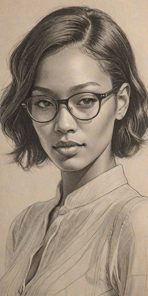 Magnificent Kylie Bunbury, pencil sketch, portrait of Appealing woman 1928s in glasses, hair style beatnik, outline, clear lines, fine lines, 8k