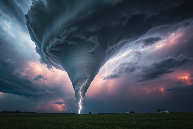 A dramatic thunderstorm with a swirling tornado and bright lightning striking the ground, captured with a Canon EOS R5 at f/8, ISO 100, 1/250 sec, wide-angle view, cinematic style, enhancing the contrast and vibrant colors in the sky.