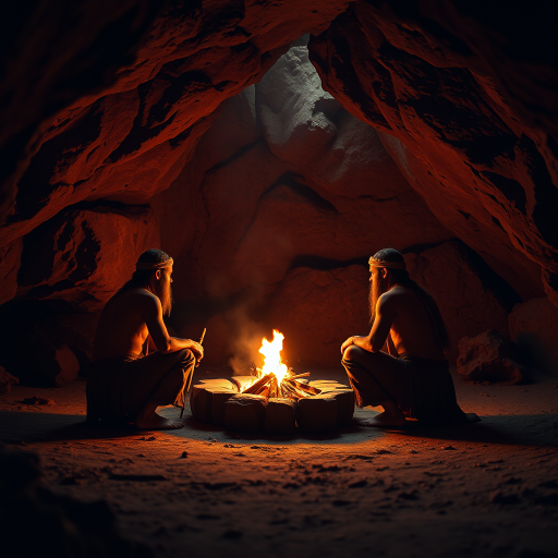 Create an image of three ancient people gathered around a fire in a cave, using a warm color palette, with dramatic lighting to enhance the shadows, captured from a low angle using a DSLR camera with a 50mm lens, aperture set to f/1.8, ISO 400, and a shutter speed of 1/60s for a shallow depth of field and a soft, atmospheric focus.