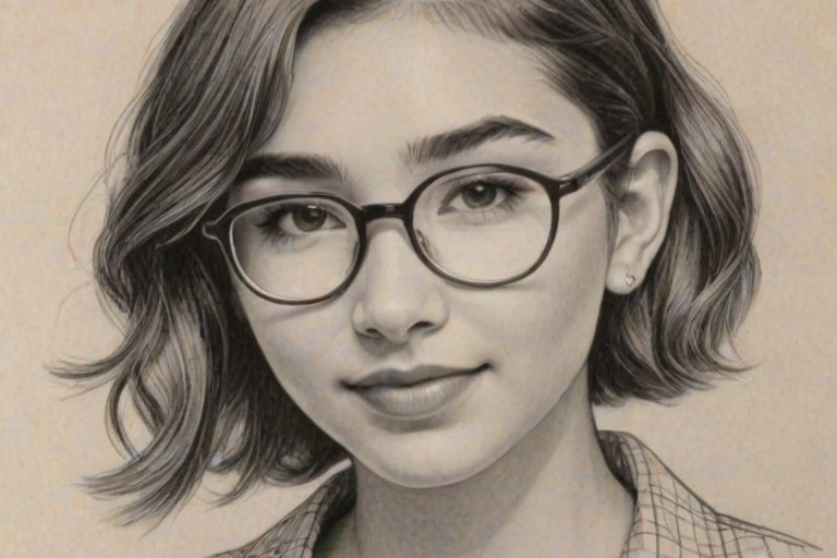 Comely Rowan Blanchard, pencil sketch, portrait of Gorgeous woman 1932s in glasses, hair style beatnik, outline, clear lines, fine lines, 8k