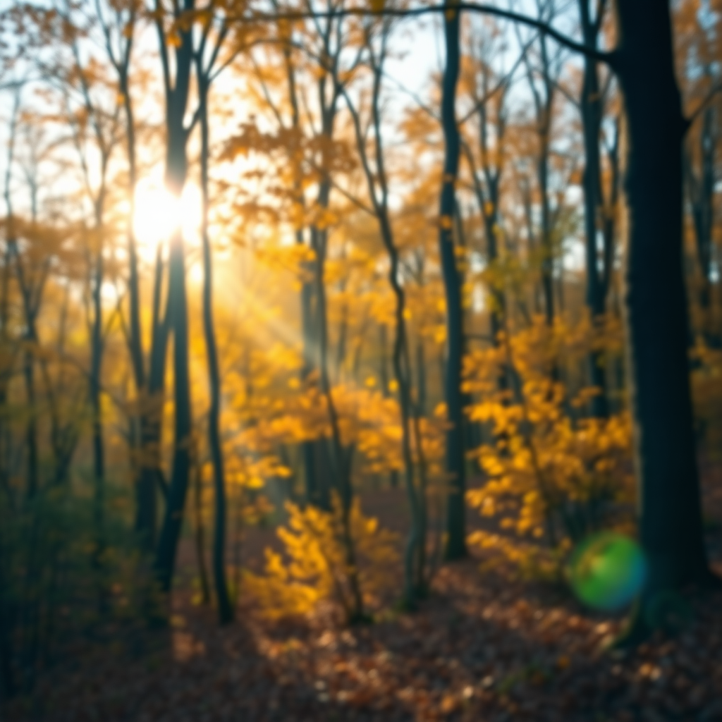 autumn forest landscape at sunrise with golden leaves and sunlight filtering through trees, soft focus, vibrant colors, 24mm lens, f/4 aperture, ISO 100, shutter speed 1/200 sec, DSLR camera, natural light shooting, high dynamic range imaging