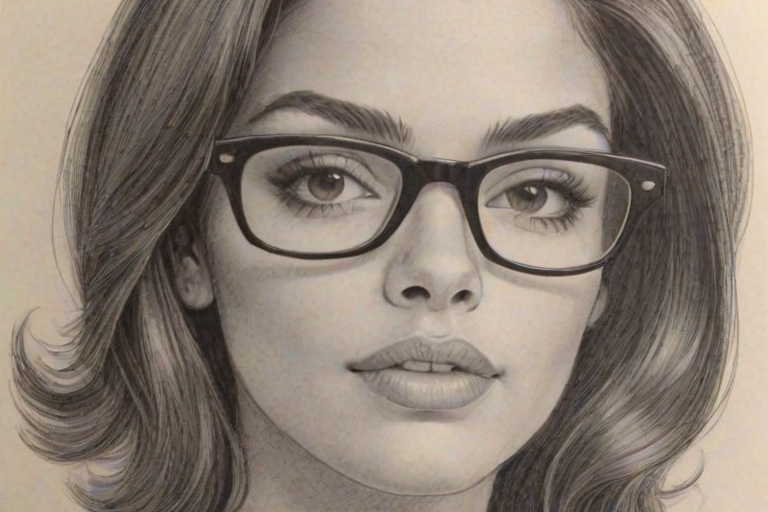 Pleasing Anabelle Acosta, pencil sketch, portrait of Ravishing woman 1962s in glasses, hair style beatnik, outline, clear lines, fine lines, 8k