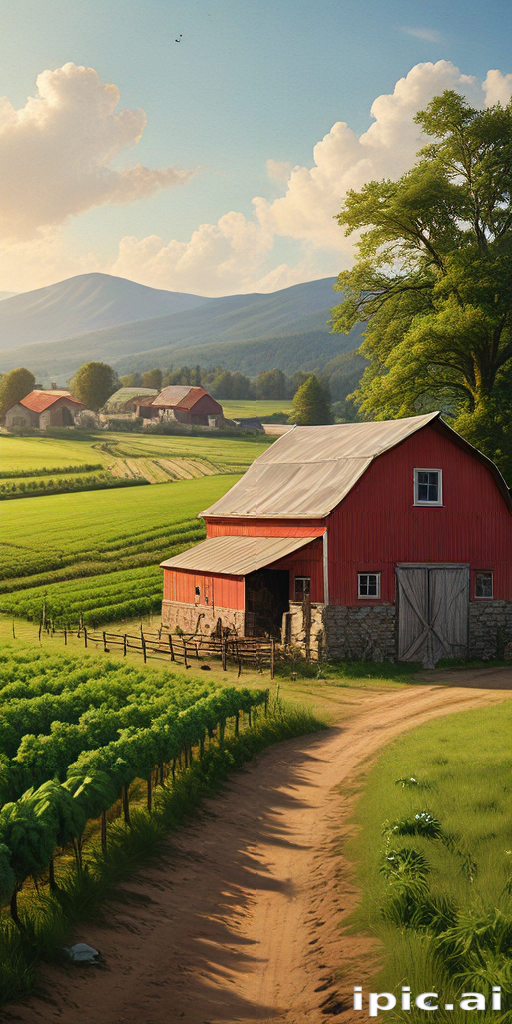 Charming Red Barn Surrounded by Lush Green Fields and Rolling Hills