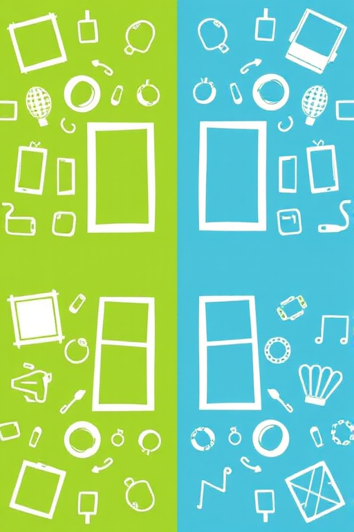 Generate a symmetric pattern with four quadrants featuring white hand-drawn doodles of frames and organic shapes on a green and blue background, using a DSLR camera with a 50mm lens at f/2.8 to enhance depth of field and sharpness, in natural light.